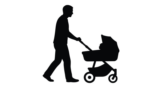 father with baby stroller silhouette on white background