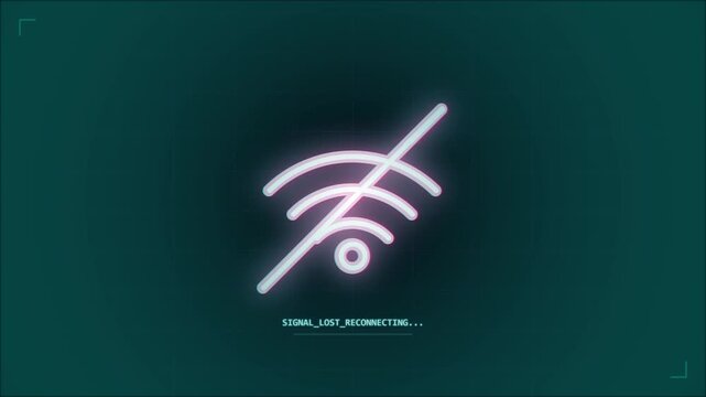 Digital wifi signal lost icon with reconnecting text on screen