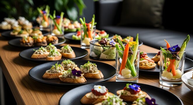 Appetizer buffet with assorted finger foods and vegetables