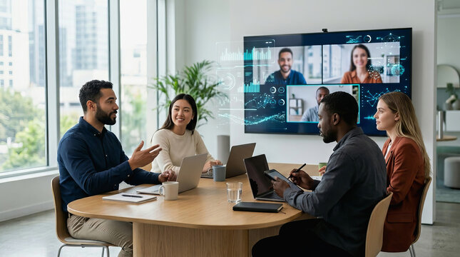 Diverse team collaborates in modern office with large window and video conference screen displaying remote participants for hybrid work meeting.