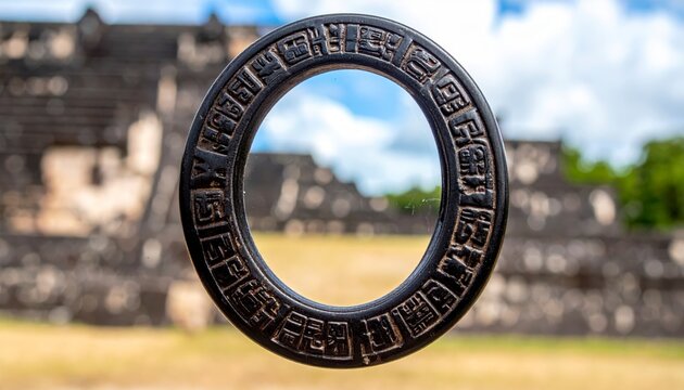 An Ancient Olmec Glyphs Inscribed Obsidian Mirror Artifact Reflecting the Sky Above Ruins
