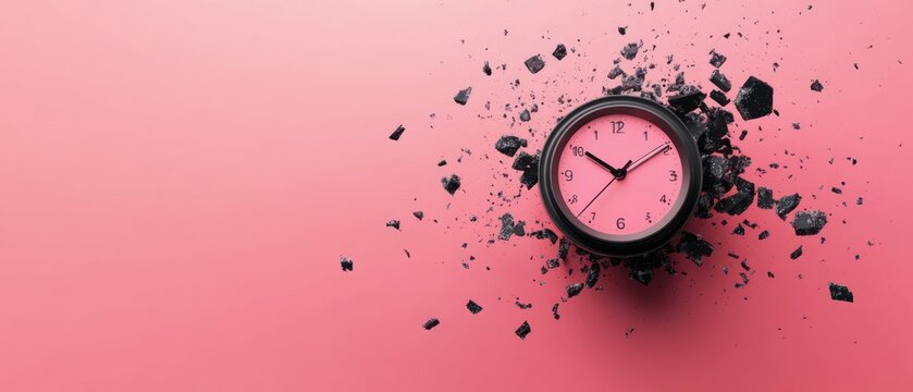 Exploding clock pink background abstract time concept dynamic composition
