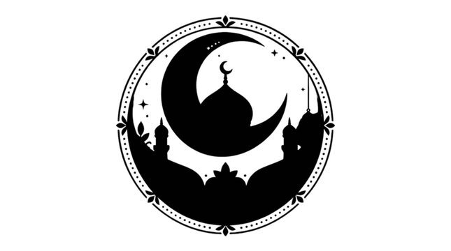 Islamic Mosque Silhouette with Crescent Moon and Stars Minimalist Line Art Illustration