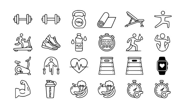 Fitness and gym colorful icon set barbell treadmill and workout vector isolated on white background