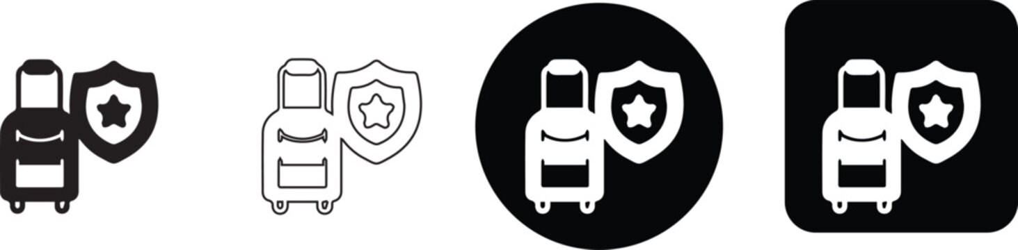 Minimalist travel luggage suitcase with security shield icon set for safe trip and baggage insurance themes