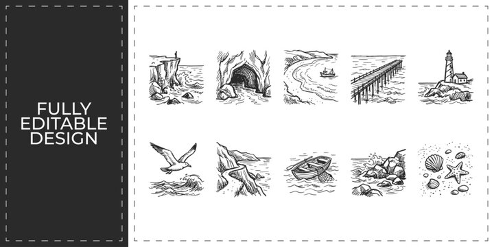 Hand drawn nature landscape and forest icons with mountain tree and river scenery symbols flat vector illustration icon bundle set high resolution