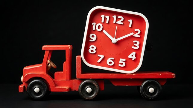 Red toy truck carrying a large red clock against a black background with delivery, transport