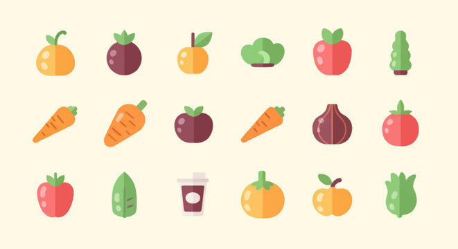 Colorful flat icon set of various fruits and veggies