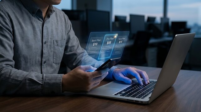 A man using his smartphone and laptop in a modern office setting, with holographic interfaces displaying information. The scene conveys technology, business, and data analysis