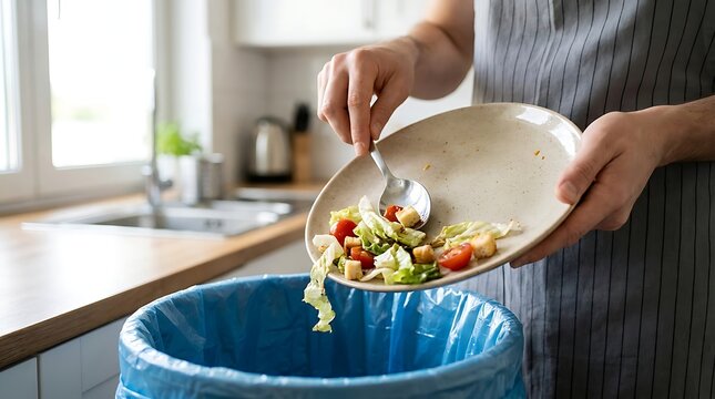 A person in an apron discarding leftover salad from a plate into a blue bin in a kitchen, highlighting food waste