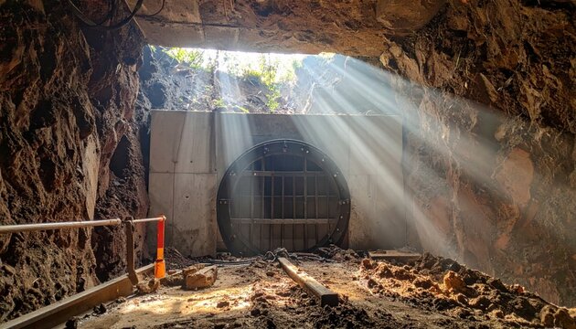 Sunlight streams into an underground tunnel revealing a newly installed reinforced steel access hatch and concrete structure