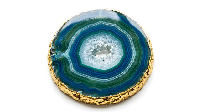 Circular blue green and white agate slice with gold plated edging isolated on white background gemstone circular decorative isolated