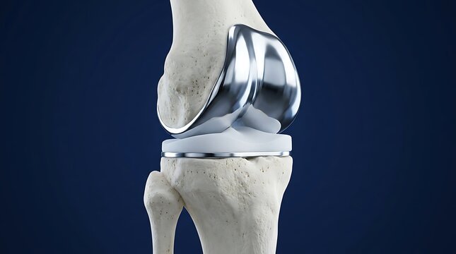 A close-up view of a prosthetic knee implant, showcasing its metallic components and articulation. The implant is set against a dark blue background.