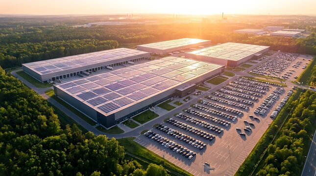 An aerial view captures a sprawling industrial complex featuring multiple large buildings with extensive solar panel installations on their roofs, situated amidst a dense forest.