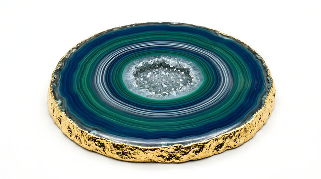 Close-up of a polished blue and green agate geode slice with gilded edges on white background polished gemstone precious spiritual decorative concentric