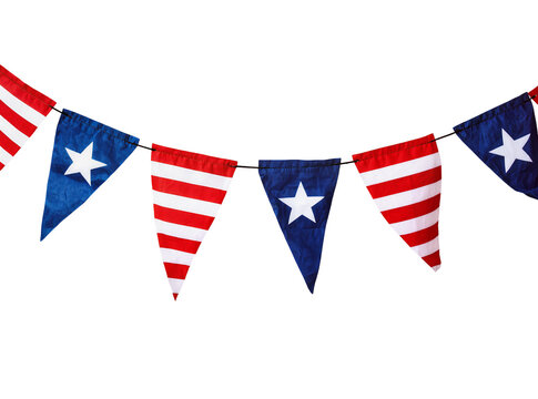 Isolated patriotic bunting banner featuring red white striped and blue star pennant flags