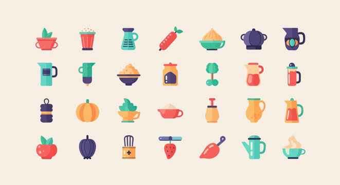 Colorful flat icons of kitchen utensils