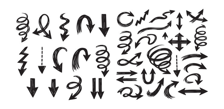Hand-drawn black and white directional arrows and symbols on white background, sketch style illustration