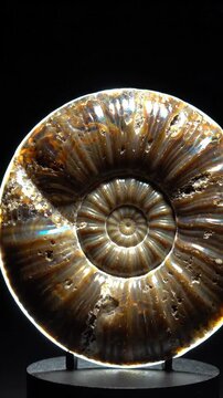 Fossilized ammonite shell illuminated in darkness