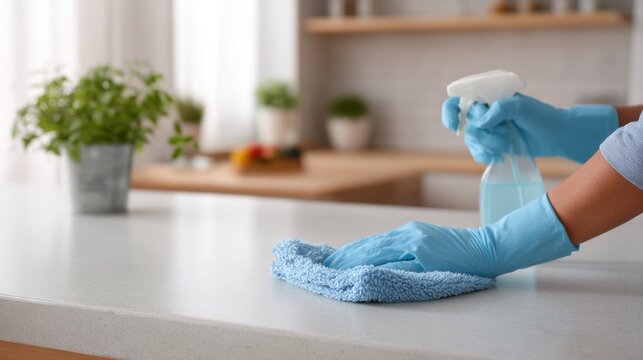 Hands wear blue rubber gloves while spraying disinfectant. A microfiber cloth is used to wipe the kitchen counter. The setting shows a modern kitchen with fresh plants