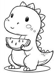 Fototapeta premium Cute Baby Dinosaur Enjoying Watermelon in Kawaii Coloring Style for Kids Fun and Creativity