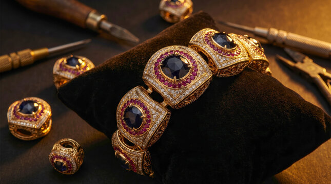 A close up of a gold bracelet with a black stone surrounded by other jewelry