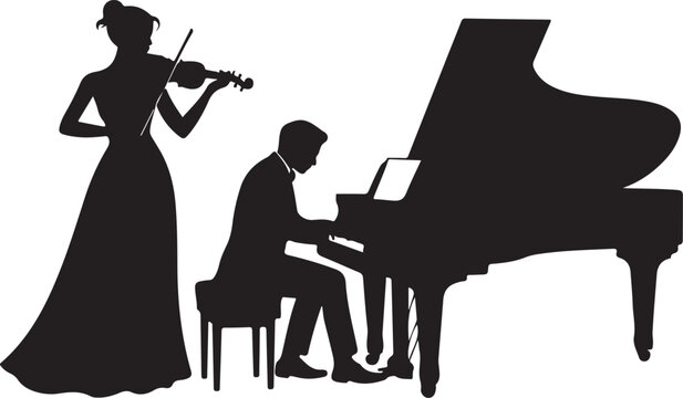 Silhouette of a woman playing the violin and a man playing the grand piano