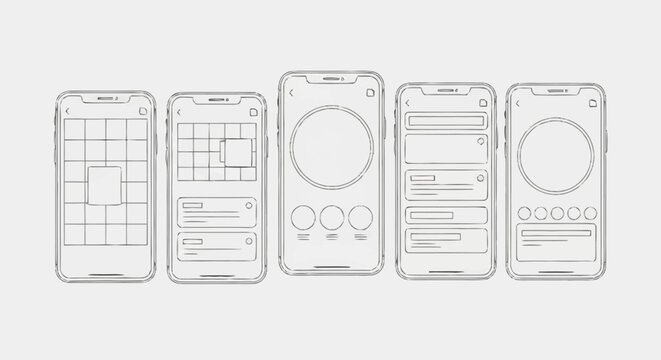 Wireframe sketches of mobile application screens on a plain background.