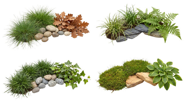 Garden corner collection developed to naturally frame layouts, support outdoor themed visuals and enrich wellness or landscaping compositions, isolated on White background