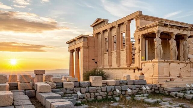 Cinematic Pan of Erechtheion Temple on Acropolis of Athens Greece