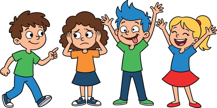 Cartoon School Kids Vector Character Set with Sad Bullied Girl and Mocking Children for School Social Behavior Concept and Educational MaterialsCartoon School Kids Vector Character Set with Sad Bullie