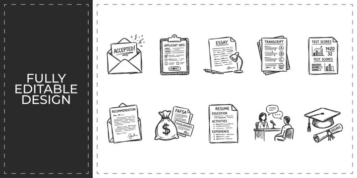 Hand drawn mail correspondence and postal icons with envelope stamp and letter symbols flat vector illustration icon bundle set high resolution
