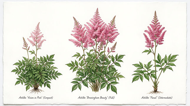 Detailed botanical drawing of pink astilbe plants with flowers and green foliage white background botanical illustration scientific detailed herbaceous perennial ornamental