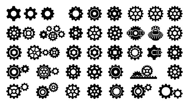 Black gear icon vector set with cogwheel engineering and mechanical machine symbols