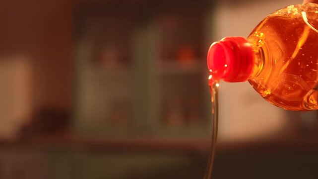 Close up of vegetable oil pouring from plastic bottle in warm kitchen light. Cooking ingredient concept with golden liquid stream, suitable for cooking at home, in a restaurant or cafe, healthy eating