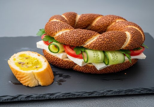 Turkish simit sandwich with feta cheese, tomato, and cucumber