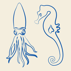 Hand-drawn isolated sea horse and squid in line art doodle style, underwater sea animal for decoration or product design © Наталья Желяскова