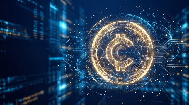 Digital cryptocurrency symbol with abstract network and data streams on blue background.