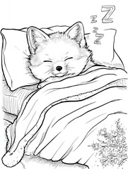 Fototapeta premium Cozy Fox Snuggled Under a Warm Blanket in a Bedtime Coloring Book Page for Relaxation and Creativity