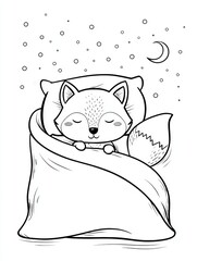 Fototapeta premium Cute Fox Snuggled Under a Warm Blanket with Night Sky and Coloring Page for Bedtime Relaxation