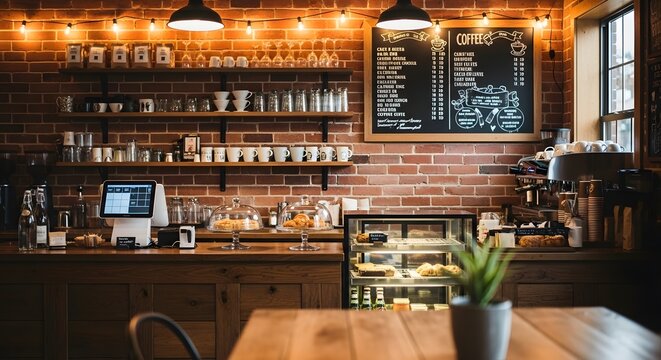 Interior of a modern brick walled coffee shop with point of sale system
