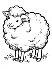 Obraz premium Fluffy Sheep with Wool in Farm Setting for Simple Coloring Book Page