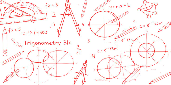 Hand drawn mathematics and trigonometry education concept with geometry tools formulas and shapes vector illustration.