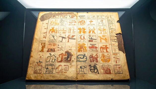 Close-up of a vibrant, damaged Mayan codex page featuring colorful glyphs and figures, a rare glimpse into ancient civilization and writing.