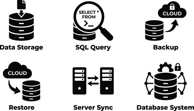Database management, data storage icons, SQL query symbols, cloud backup vector graphics, database system illustrations