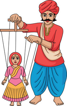 Traditional Indian puppeteer man performing with Rajasthani string puppet Kathputli vector illustration for cultural festivals, heritage tourism, and folklore.
