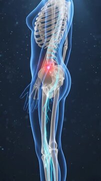 Sciatic Nerve Pain Medical Animation in Female Body, Glowing Lumbar Spine Compression and Nervous System Visualization