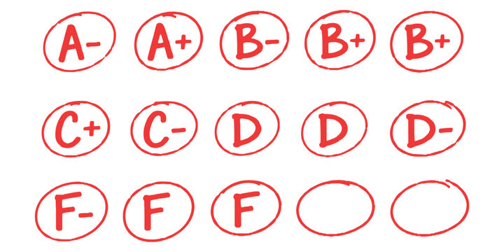 Hand drawn red exam grading marks test results and school evaluation letters set vector illustration.