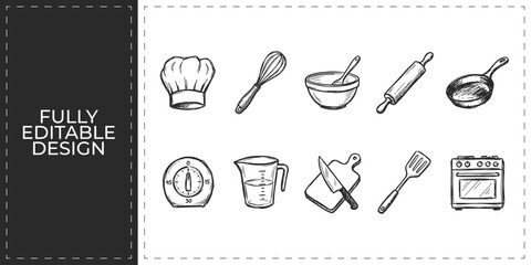 Hand drawn baking and cooking icons with chef hat rolling pin and whisk tools symbols flat vector illustration icon bundle set high resolution © Ashik  Khan