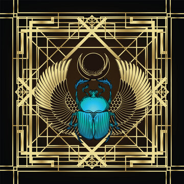 Art Deco vector frame with Egyptian motifs in gold on black background. Decorative compositions featuring ancient gods, pharaohs, sacred symbols, and geometric ornament inspired by vintage luxury